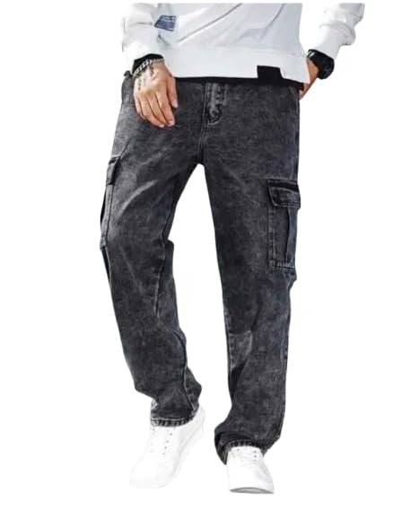 Linaria Regular Fit Baggy Cargo Jeans for Men, Grey, Multi-Pocket Style