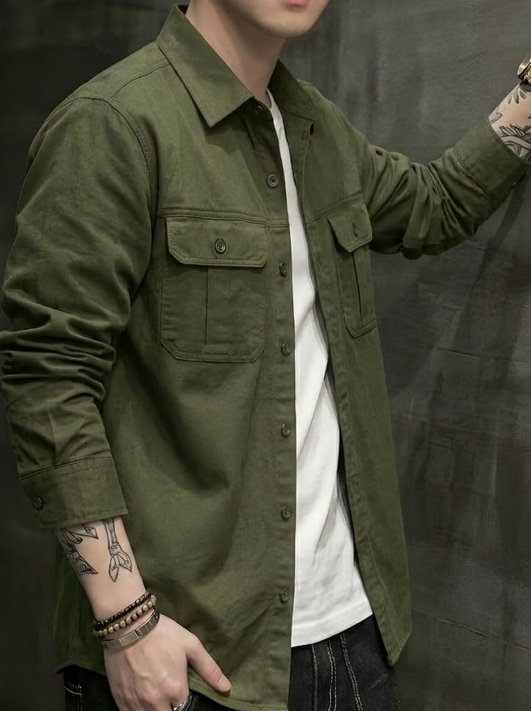 SMOWKLY Men’s Casual Shirt Jacket for Men | Lightweight 100% Cotton Overshirt | Full Sleeve Utility Shacket with Pockets | Stylish for Everyday Wear | Full Sleeve Button Down Shirt
