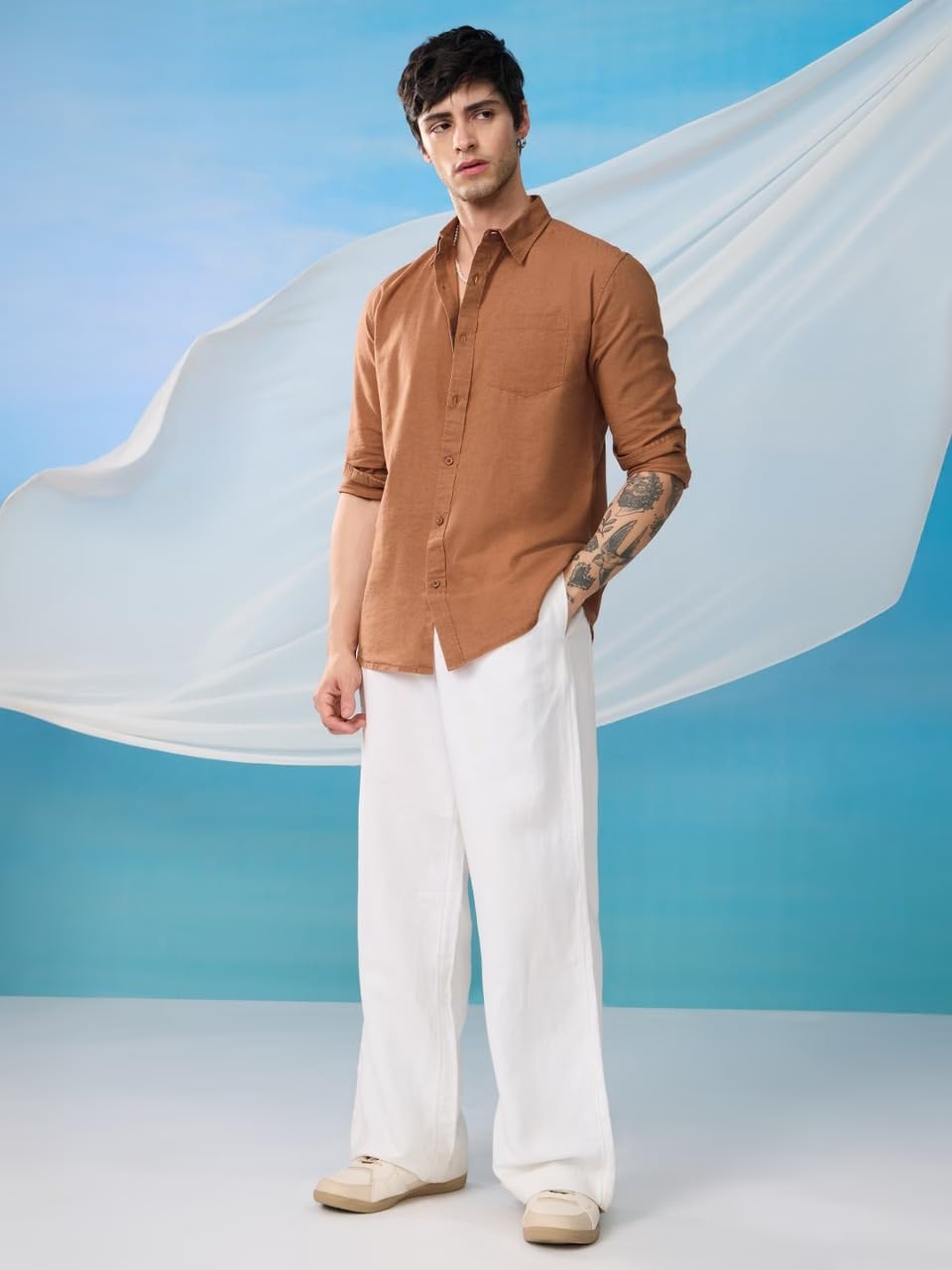 The Souled Store Cotton Linen: Men and Boys Regular Fit Full Sleeve Collared Neck Buttoned Spread Collar Casual Wear Breathable Lightweight Comfortable Easy to Style Office Wear Cotton Linen Shirts