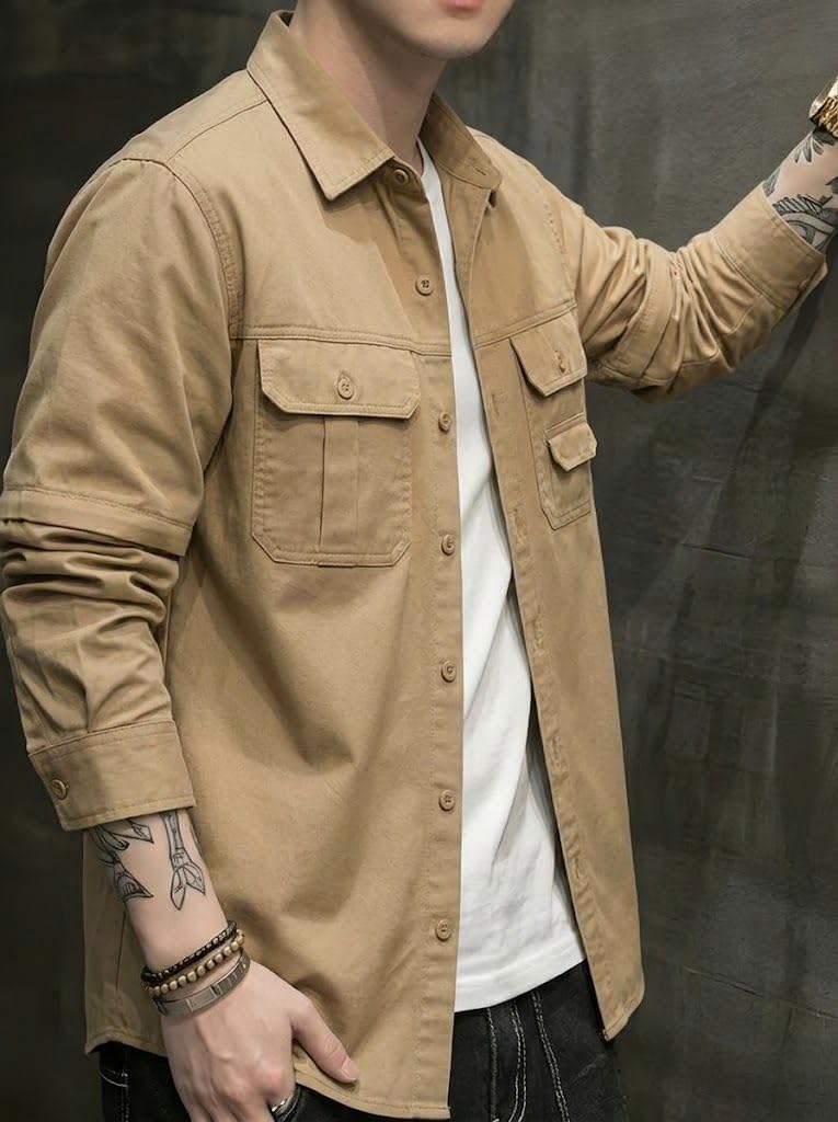 SMOWKLY Men’s Casual Shirt Jacket for Men | Lightweight 100% Cotton Overshirt | Full Sleeve Utility Shacket with Pockets | Stylish for Everyday Wear | Full Sleeve Button Down Shirt
