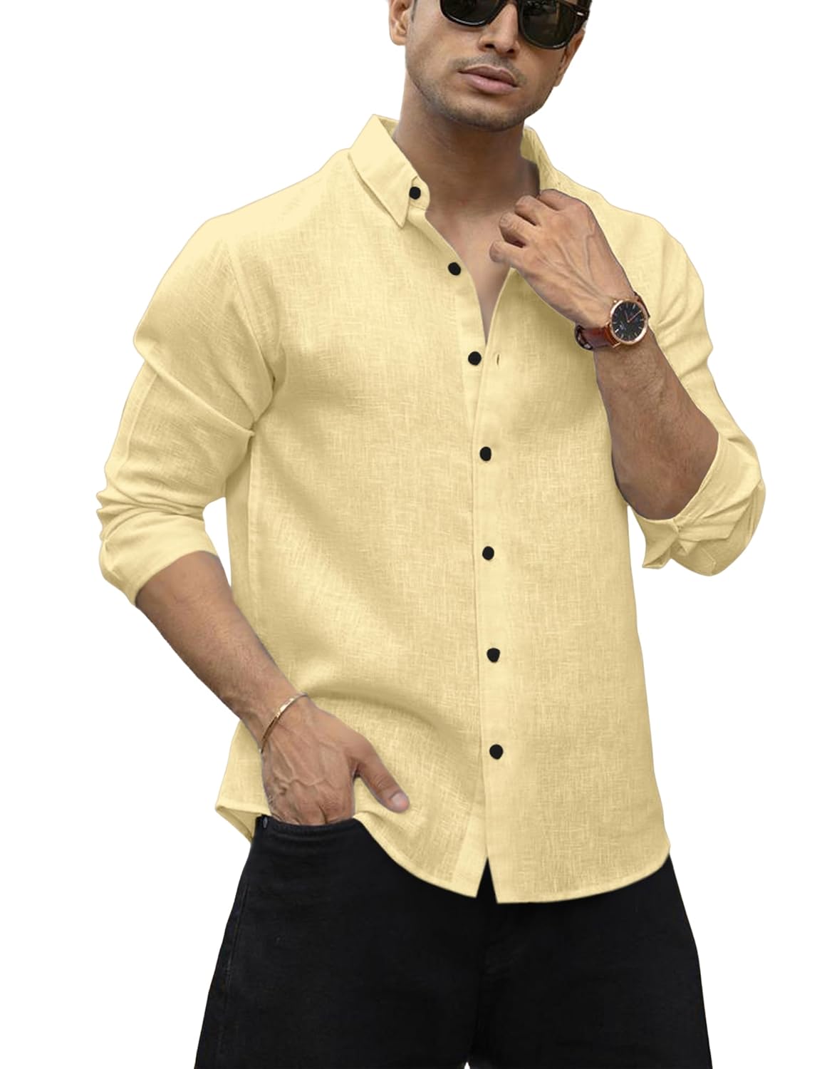 Men's Shirt Regular Fit Solid Pattern Linen Cotton with Long Sleeve Collared Neck Standard Length and Button Down Closure Type | Mens Casual Shirts | Man's Formal Shirts - Achord Store
