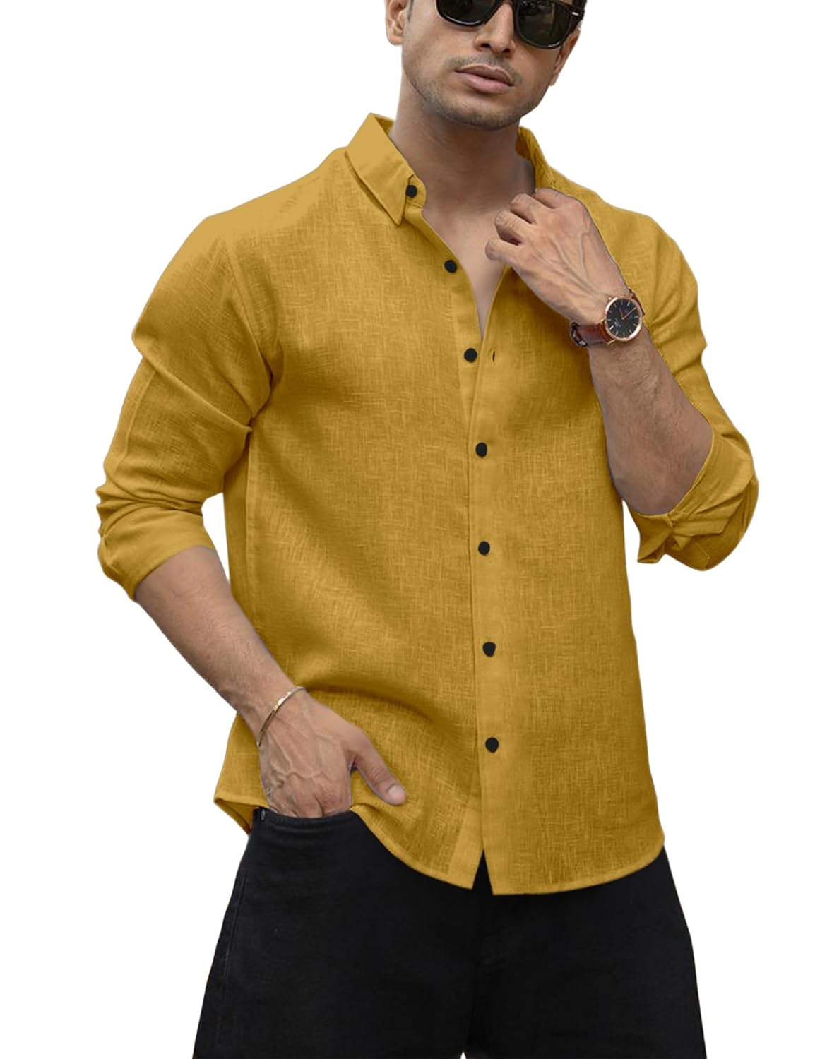 Men's Shirt Regular Fit Solid Pattern Linen Cotton with Long Sleeve Collared Neck Standard Length and Button Down Closure Type | Mens Casual Shirts | Man's Formal Shirts - Achord Store