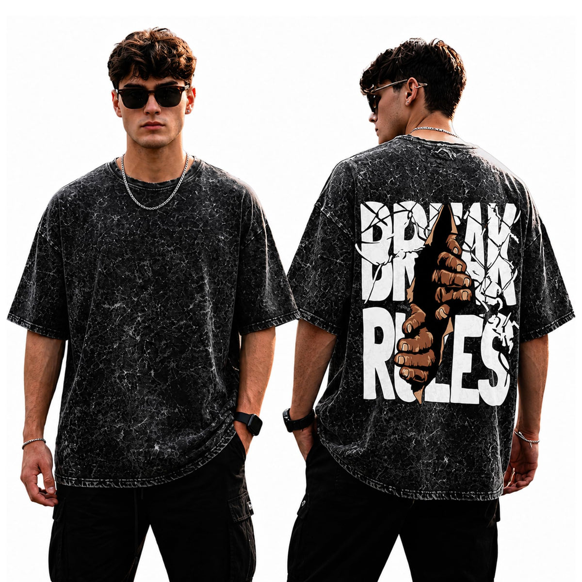 Mens Premium Branded Oversized Acid Wash T Shirt for Men 240 GSM Acid Wash Down Shoulder Graphic Printed Round Neck Oversize Fit Casual - Achord Store