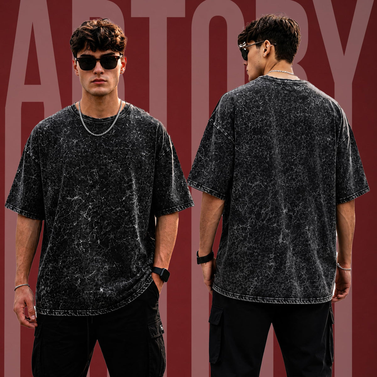 Mens Premium Branded Oversized Acid Wash T Shirt for Men 240 GSM Acid Wash Down Shoulder Graphic Printed Round Neck Oversize Fit Casual - Achord Store