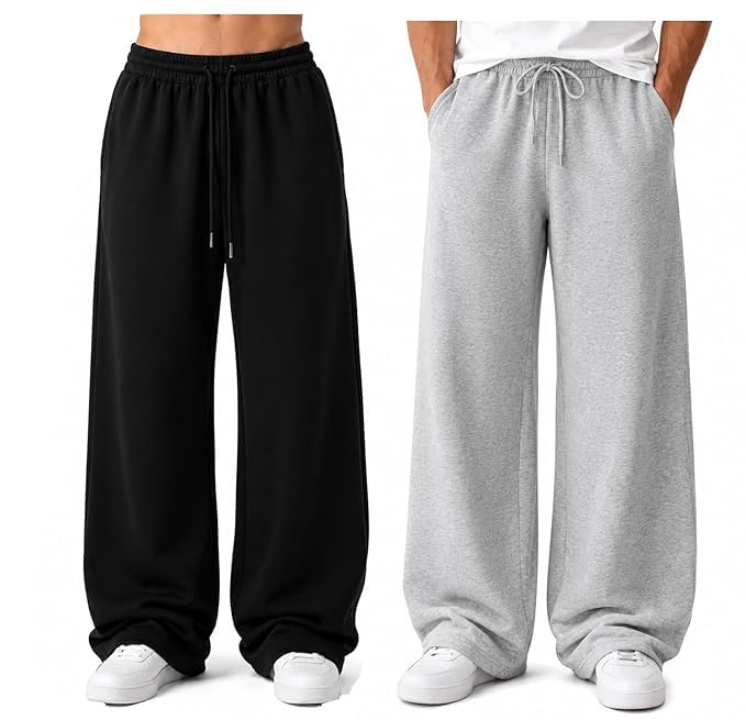 QUIXEL Men's Premium Cotton Baggy Track Pants | Relaxed Oversized Fit | Elastic Waist | 2 Side Pocket Baggy Street Wear (Pack of 2)