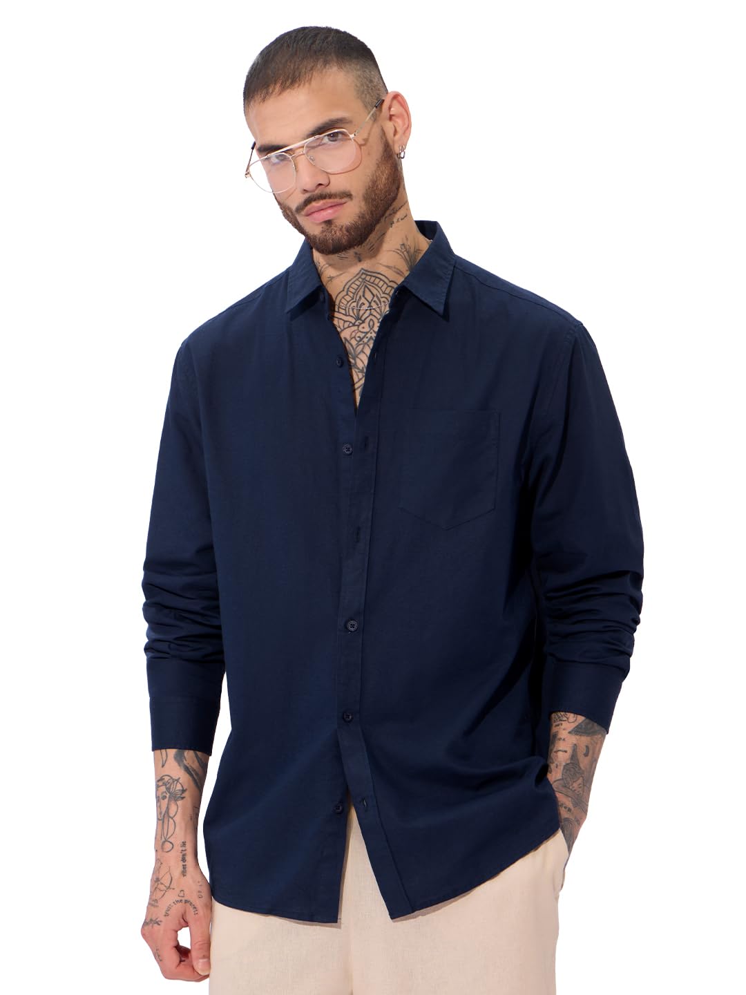 The Souled Store Cotton Linen: Men and Boys Regular Fit Full Sleeve Collared Neck Buttoned Spread Collar Casual Wear Breathable Lightweight Comfortable Easy to Style Office Wear Cotton Linen Shirts