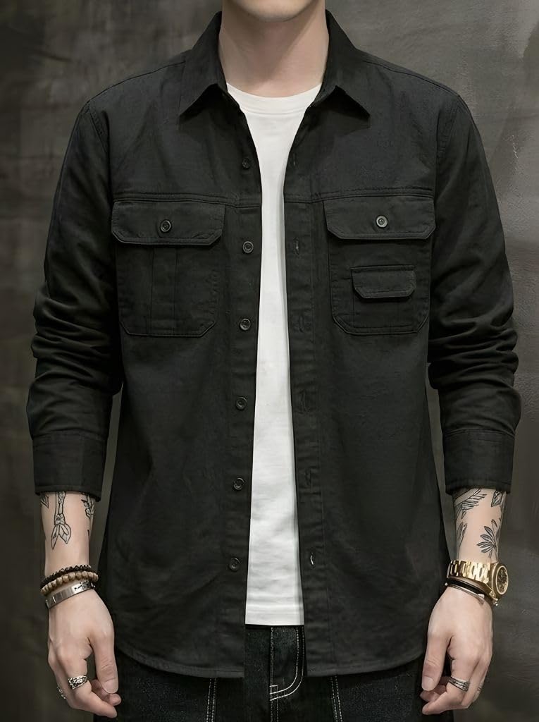 SMOWKLY Men’s Casual Shirt Jacket for Men | Lightweight 100% Cotton Overshirt | Full Sleeve Utility Shacket with Pockets | Stylish for Everyday Wear | Full Sleeve Button Down Shirt