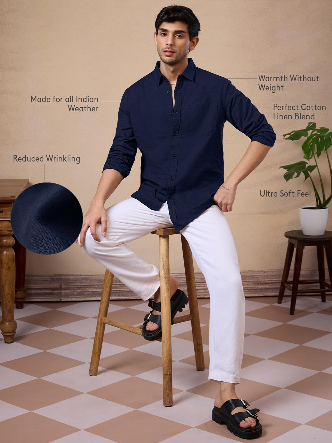 The Souled Store Cotton Linen: Men and Boys Regular Fit Full Sleeve Collared Neck Buttoned Spread Collar Casual Wear Breathable Lightweight Comfortable Easy to Style Office Wear Cotton Linen Shirts