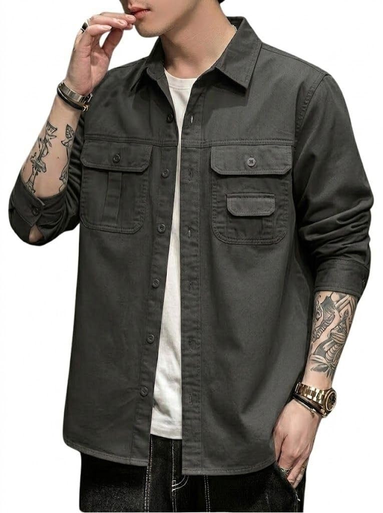SMOWKLY Men’s Casual Shirt Jacket for Men | Lightweight 100% Cotton Overshirt | Full Sleeve Utility Shacket with Pockets | Stylish for Everyday Wear | Full Sleeve Button Down Shirt