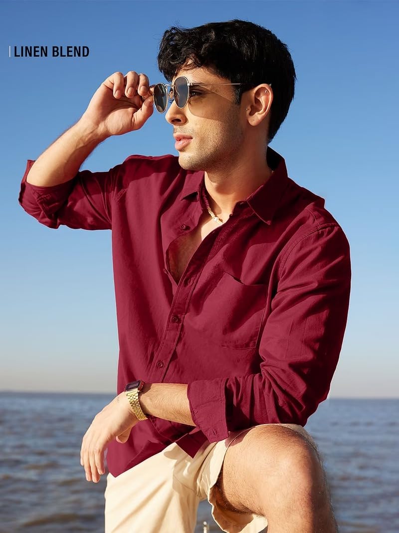The Souled Store Cotton Linen: Men and Boys Regular Fit Full Sleeve Collared Neck Buttoned Spread Collar Casual Wear Breathable Lightweight Comfortable Easy to Style Office Wear Cotton Linen Shirts