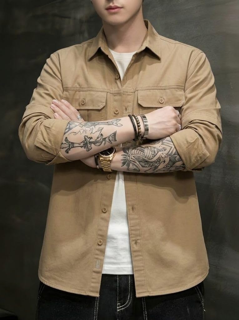 SMOWKLY Men’s Casual Shirt Jacket for Men | Lightweight 100% Cotton Overshirt | Full Sleeve Utility Shacket with Pockets | Stylish for Everyday Wear | Full Sleeve Button Down Shirt