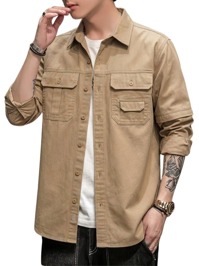 SMOWKLY Men’s Casual Shirt Jacket for Men | Lightweight 100% Cotton Overshirt | Full Sleeve Utility Shacket with Pockets | Stylish for Everyday Wear | Full Sleeve Button Down Shirt