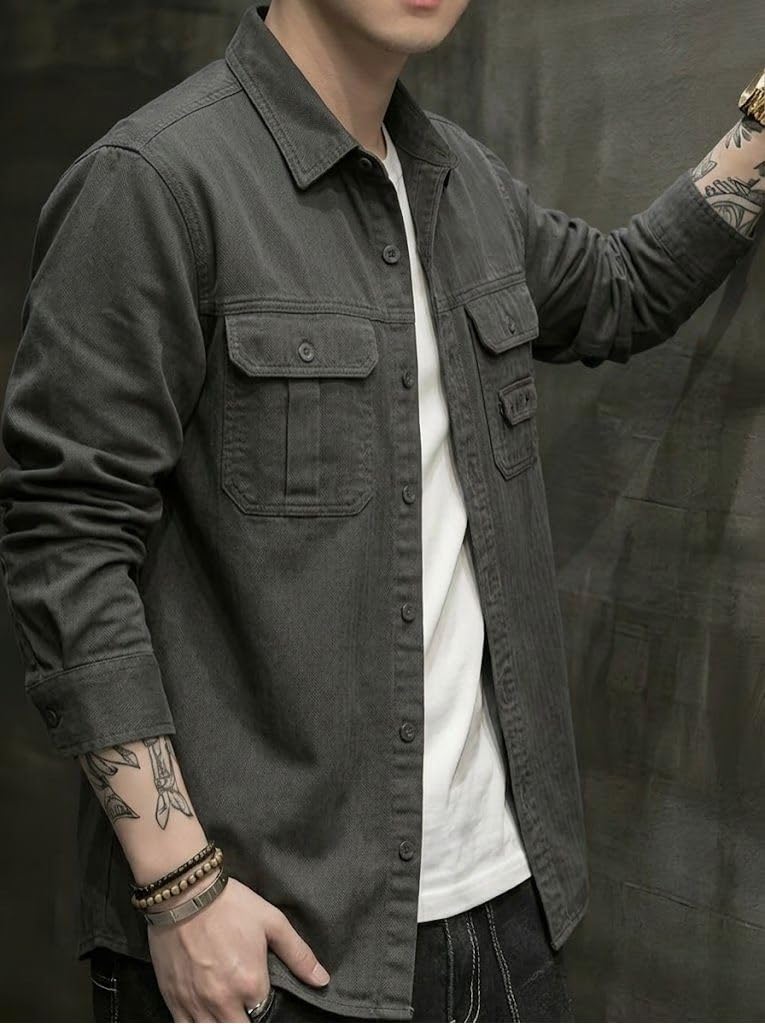 SMOWKLY Men’s Casual Shirt Jacket for Men | Lightweight 100% Cotton Overshirt | Full Sleeve Utility Shacket with Pockets | Stylish for Everyday Wear | Full Sleeve Button Down Shirt