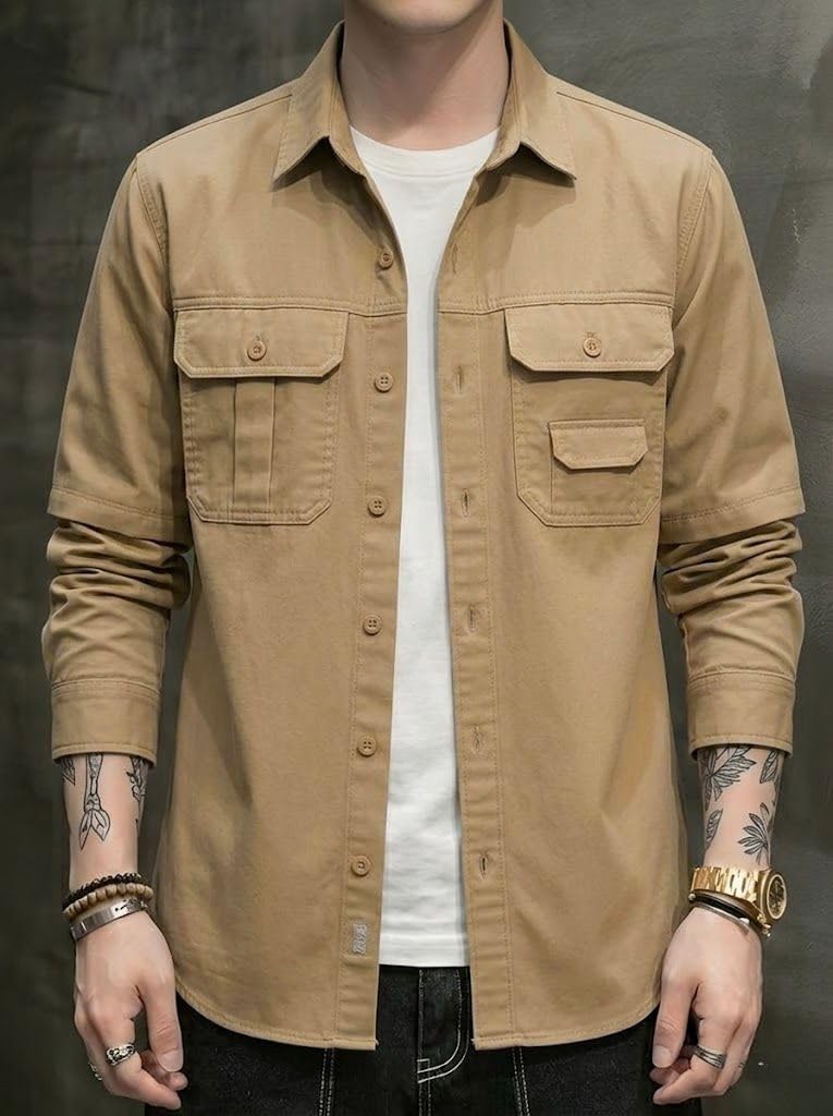 SMOWKLY Men’s Casual Shirt Jacket for Men | Lightweight 100% Cotton Overshirt | Full Sleeve Utility Shacket with Pockets | Stylish for Everyday Wear | Full Sleeve Button Down Shirt