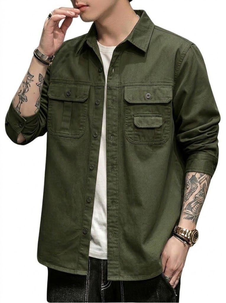 SMOWKLY Men’s Casual Shirt Jacket for Men | Lightweight 100% Cotton Overshirt | Full Sleeve Utility Shacket with Pockets | Stylish for Everyday Wear | Full Sleeve Button Down Shirt