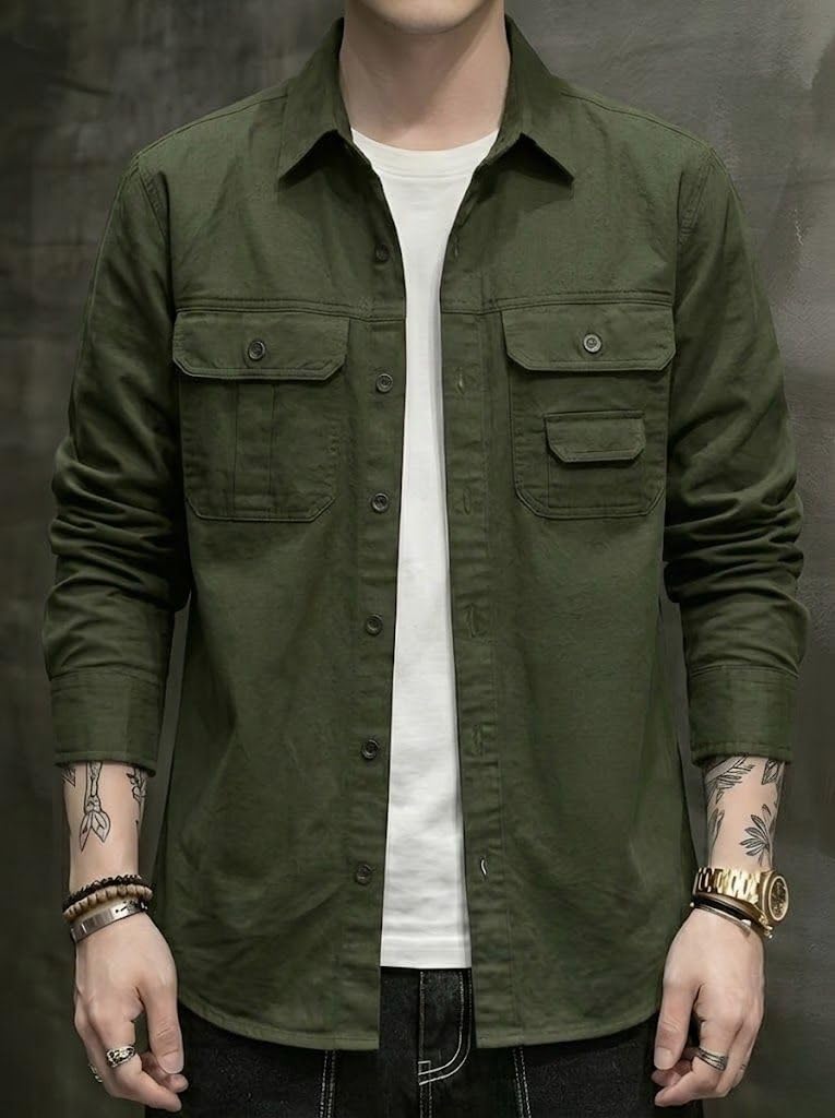 SMOWKLY Men’s Casual Shirt Jacket for Men | Lightweight 100% Cotton Overshirt | Full Sleeve Utility Shacket with Pockets | Stylish for Everyday Wear | Full Sleeve Button Down Shirt