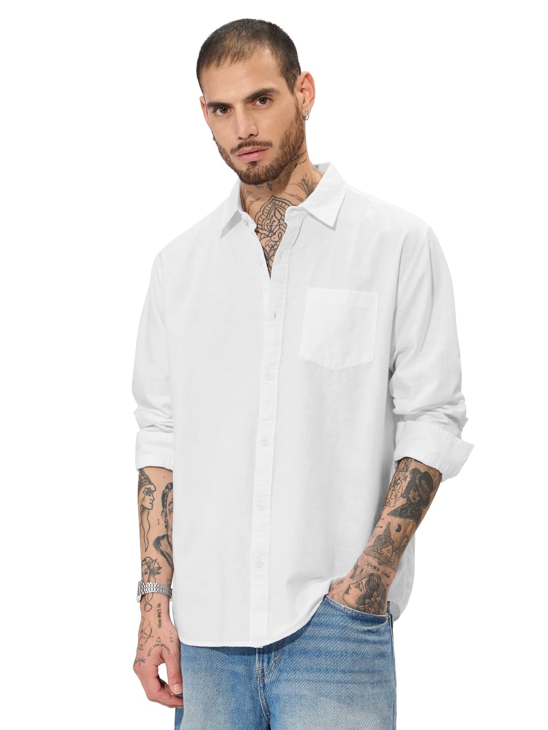 The Souled Store Cotton Linen: Men and Boys Regular Fit Full Sleeve Collared Neck Buttoned Spread Collar Casual Wear Breathable Lightweight Comfortable Easy to Style Office Wear Cotton Linen Shirts
