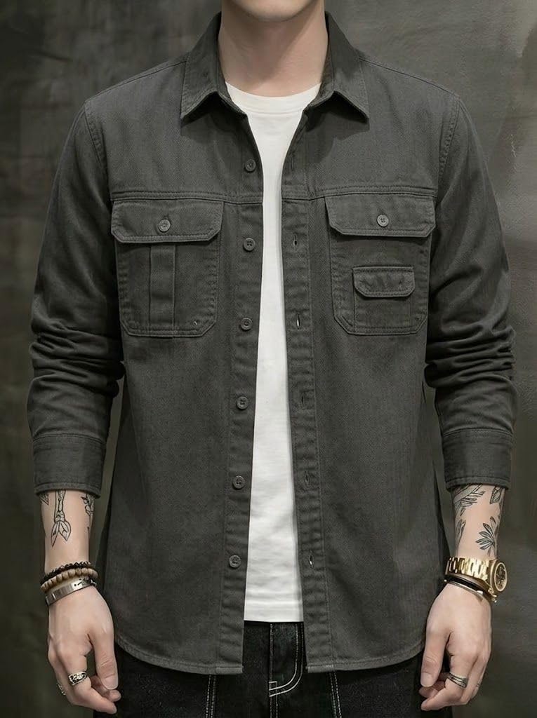 SMOWKLY Men’s Casual Shirt Jacket for Men | Lightweight 100% Cotton Overshirt | Full Sleeve Utility Shacket with Pockets | Stylish for Everyday Wear | Full Sleeve Button Down Shirt