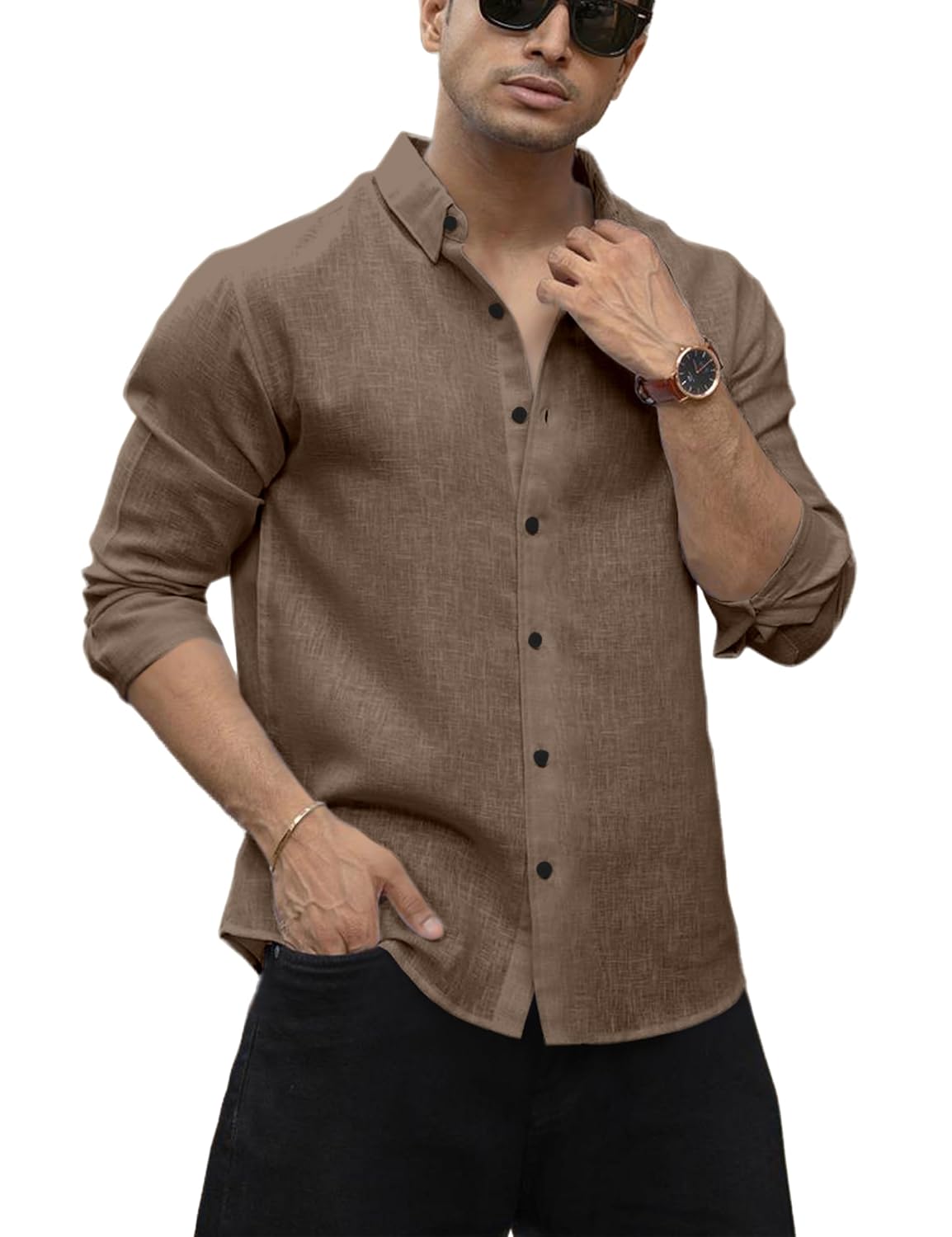Men's Shirt Regular Fit Solid Pattern Linen Cotton with Long Sleeve Collared Neck Standard Length and Button Down Closure Type | Mens Casual Shirts | Man's Formal Shirts - Achord Store