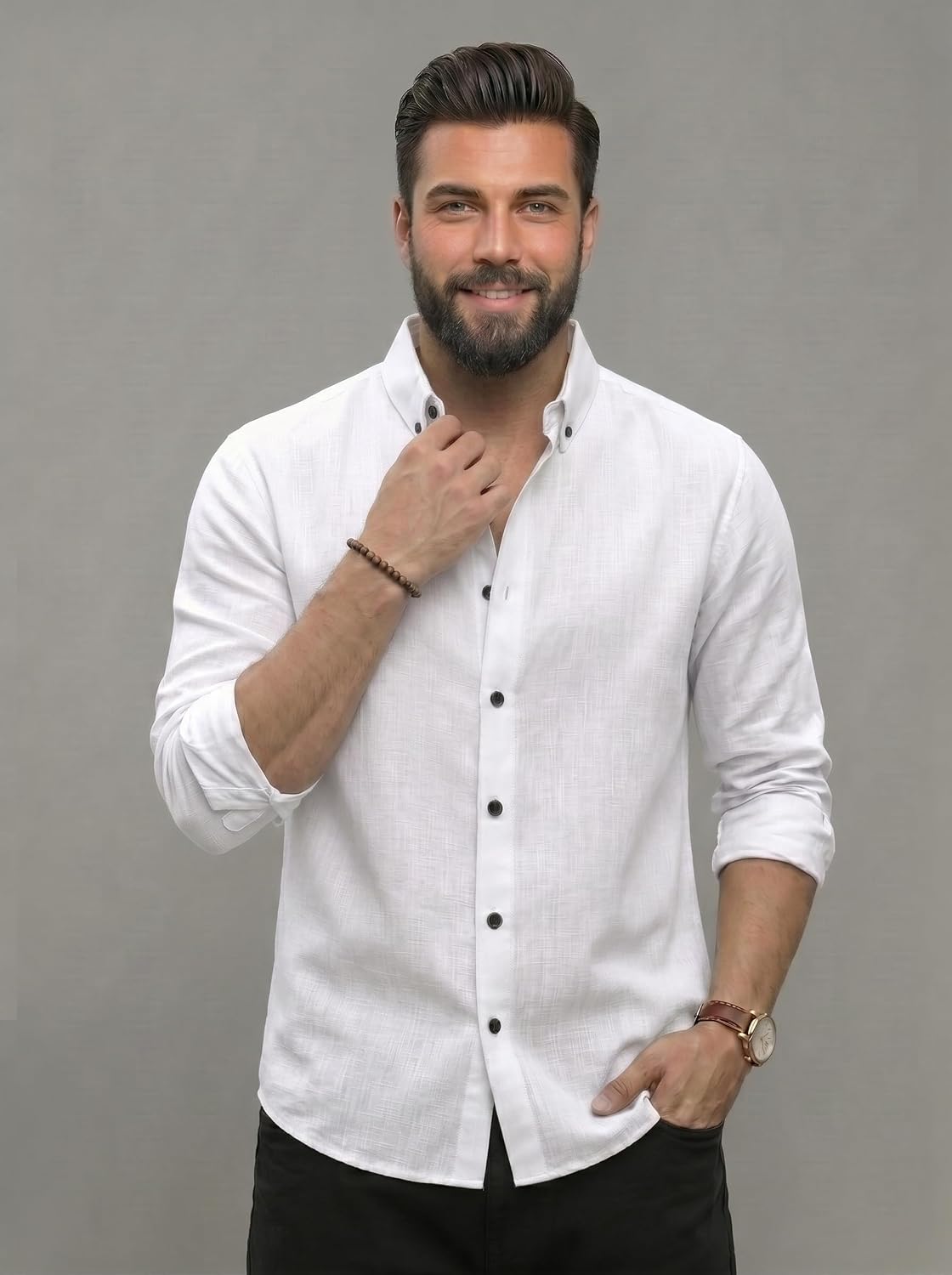 Men's Shirt Regular Fit Solid Pattern Linen Cotton with Long Sleeve Collared Neck Standard Length and Button Down Closure Type | Mens Casual Shirts | Man's Formal Shirts - Achord Store