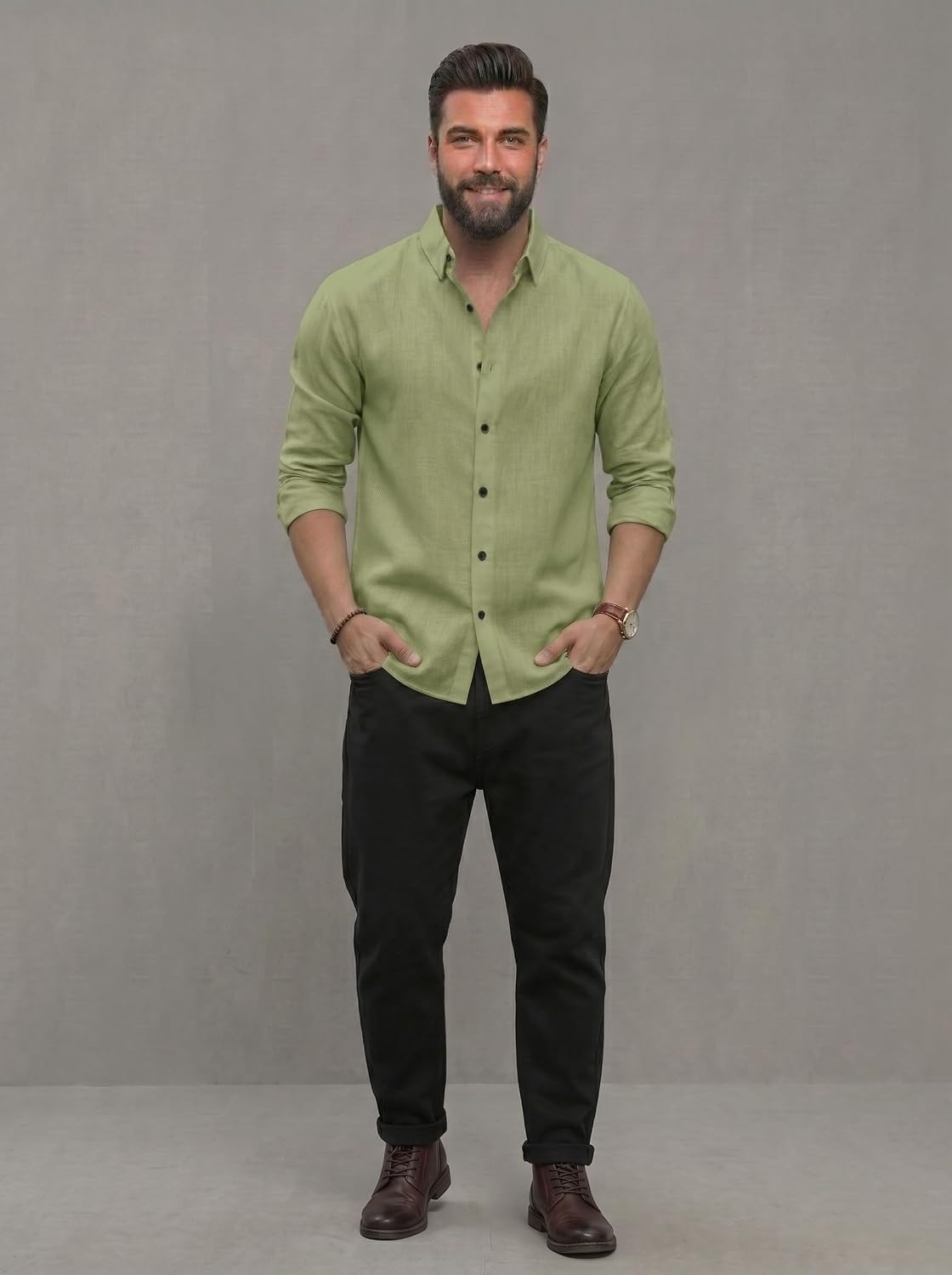 Men's Shirt Regular Fit Solid Pattern Linen Cotton with Long Sleeve Collared Neck Standard Length and Button Down Closure Type | Mens Casual Shirts | Man's Formal Shirts - Achord Store