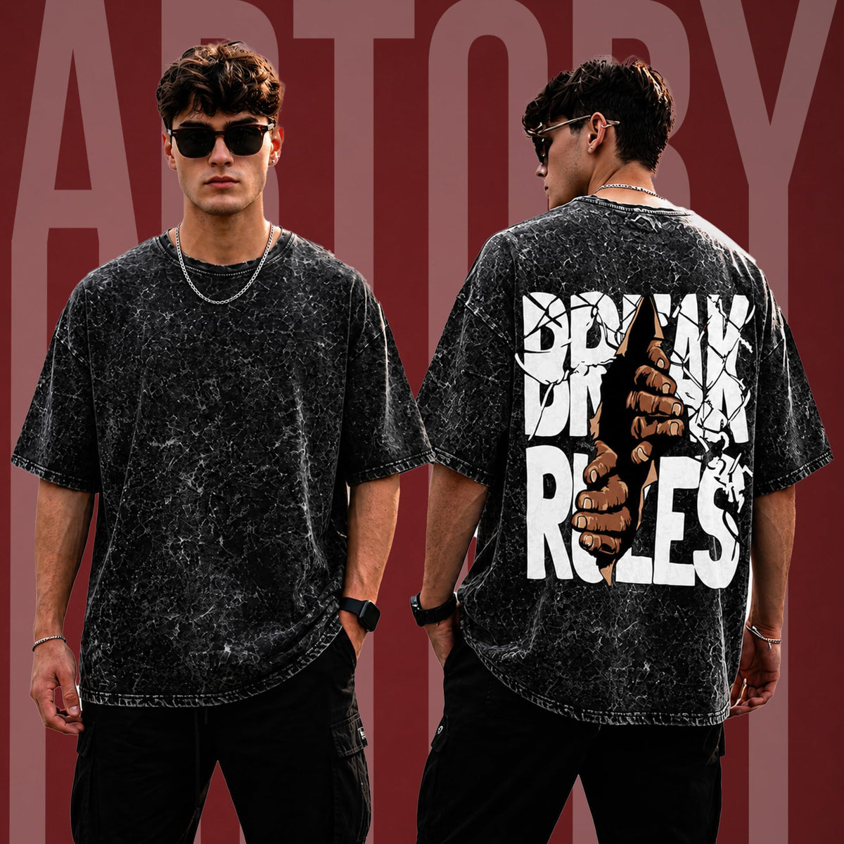 Mens Premium Branded Oversized Acid Wash T Shirt for Men 240 GSM Acid Wash Down Shoulder Graphic Printed Round Neck Oversize Fit Casual - Achord Store
