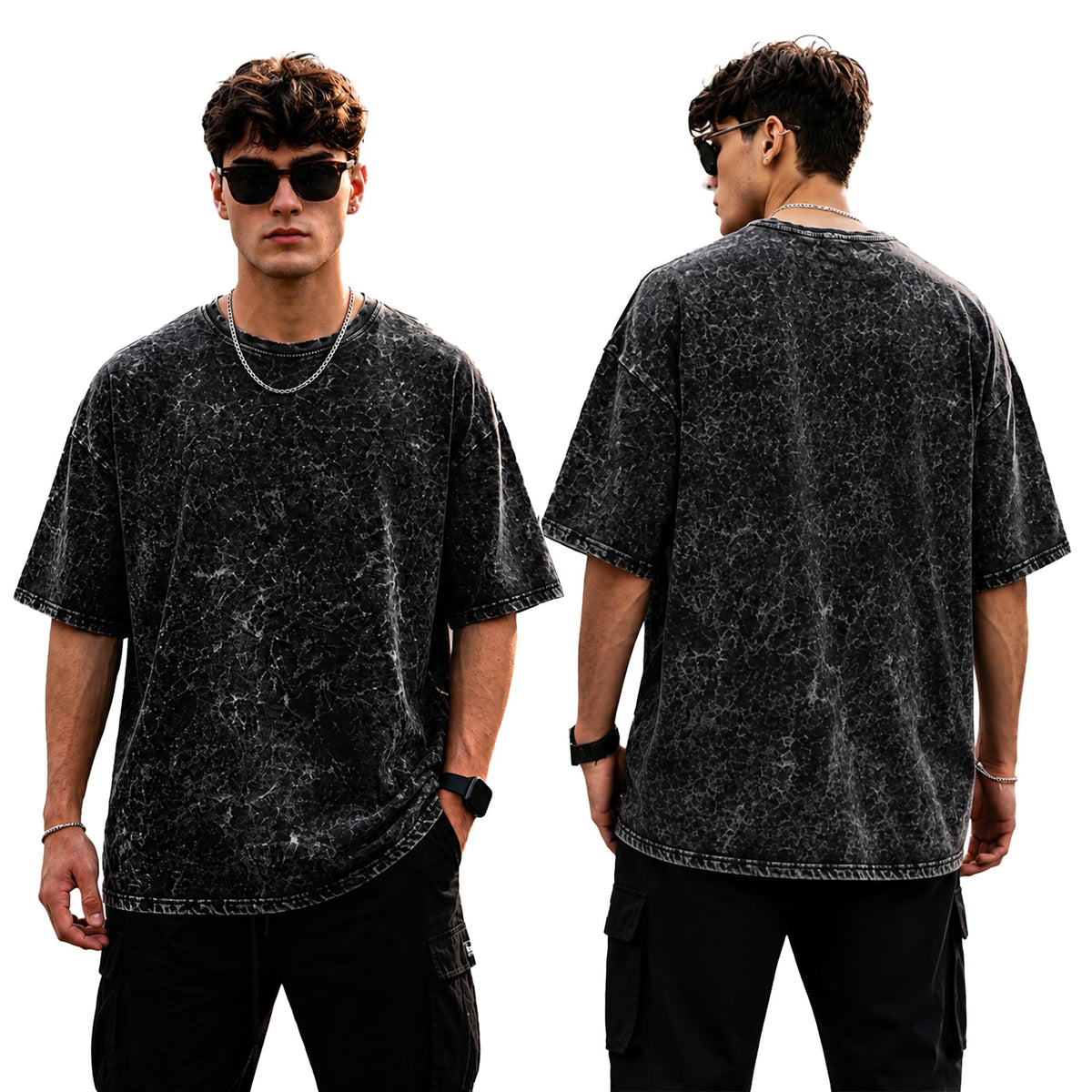 Mens Premium Branded Oversized Acid Wash T Shirt for Men 240 GSM Acid Wash Down Shoulder Graphic Printed Round Neck Oversize Fit Casual - Achord Store