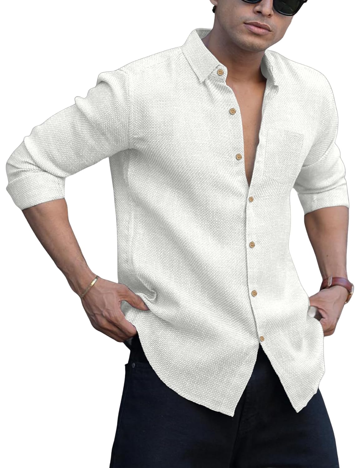 Men's Shirt Regular Fit Solid Pattern Linen Cotton with Long Sleeve Collared Neck Standard Length and Button Down Closure Type | Mens Casual Shirts | Man's Formal Shirts - Achord Store